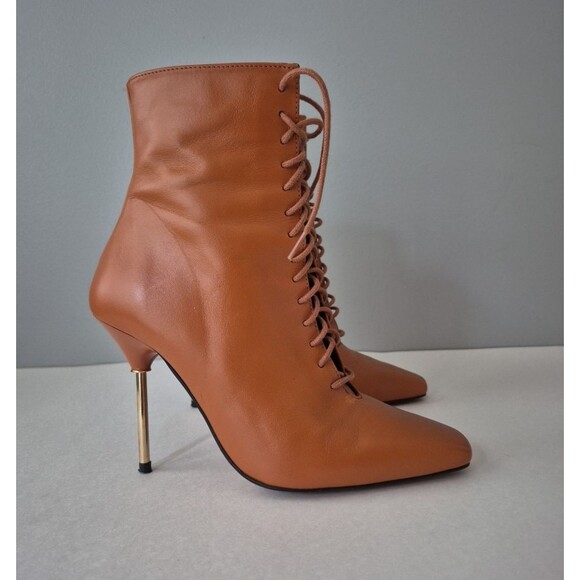 L' Intervalle Chestnut Brown Leather Gold Stiletto Lace Up Boots Womens 6 - Picture 7 of 7